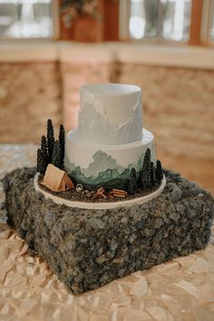 a three tiered cake sitting on top of a table