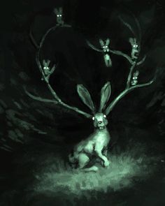 a drawing of a rabbit sitting in the dark