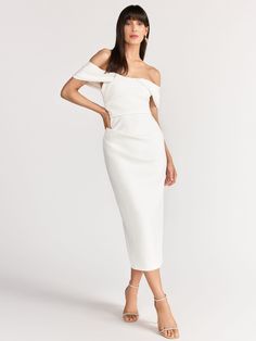 Off-The-Shoulder V-Neck Midi Dress - Lena | New York & Company Summer Bottoms, V Neck Midi Dress, Jacket Brands, Elegant Dress, Trending Now, Neck Designs, Jumpsuit Dress, What To Wear, Stretch Fabric