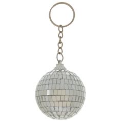 a disco ball keychain hanging from a metal hook on a white background,