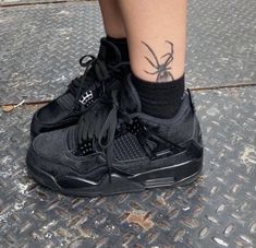 Black Trainers Nike, All Black Jordan 4’s, Black Jordan 4’s, Black Cats Shoes, Black Cats Jordans, Black Cat Shoes, Jordan Black Cat, Gothic Tattoos, Jordan 4 Black