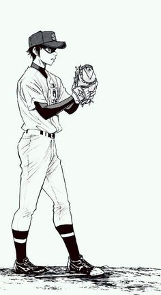 a black and white drawing of a baseball player holding a ball in one hand while wearing a catchers mitt