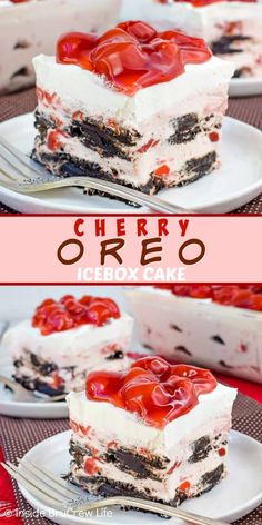 cherry oreo icebox cake on a plate