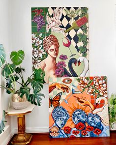 two paintings on the wall next to a potted plant