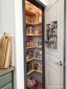 an open pantry door with food items in it