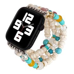 Unique Heishi-style, beautiful stretchy boho bracelet band. Handcrafted using stackable high-quality natural stones, consisting of different materials, shapes, and colors. Compatible with all Apple Watch models, including the latest Series 10 and Ultra 2. Works seamlessly across Series 1-10, SE, Ultra, Sport, and Edition. Available for every size: 38mm, 40mm, 41mm, 42mm, 44mm, 45mm, 46mm, and 49mm. Ideal for any Apple Watch user looking for a perfect fit. Fits wrist sizes 5.0" - 8.1". Lightweigh White Bracelet Strap Watch Bands, White Watch Bands Fashion Accessory, White Beaded Apple Watch Band As Gift, White Beaded Apple Watch Band Gift, White Beaded Apple Watch Band For Gift, Heishi Bracelet, Apple Watch 1, Latest Series, Elastic Rope