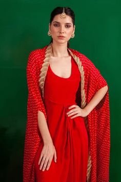 Shop for Palak and Mehak Red Crepe Bandhani Print Cape With Dress for Women Online at Aza Fashions Cape With Dress, Bandhani Pattern, Bandhani Print, Long Cape, Print Embroidery, Golden Leaf, Luxury Sale, Solid Red, Dress For Women