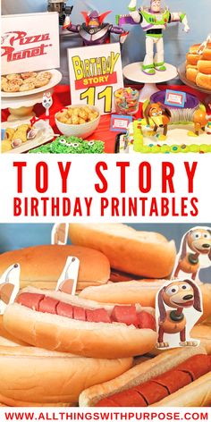 toy story birthday party with hot dogs and other foods on the table for kids to eat