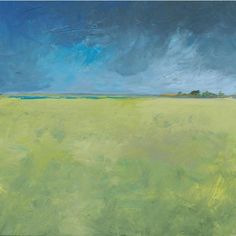 an oil painting of a green field with blue sky in the background