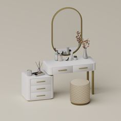 a white vanity table with a mirror, stool and vase on the side next to it