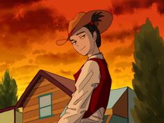 an animated image of a person standing in front of a house with a hat on