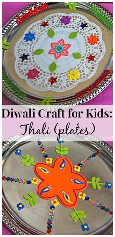 two pictures with the words diwali craft for kids that plates