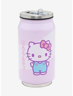 a pink hello kitty can cooler on a white background