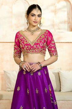 Violet lehenga with an attached cancan featuring gota floral pattern embroidery. Comes with matching embroidered padded fuchsia blouse and red dupatta. - Aza Fashions Violet Lehenga, Floral Pattern Embroidery, Red Dupatta, Lehenga Pattern, Purple Blouse, Pattern Embroidery, Blouse Length, Set For Women, Aza Fashion