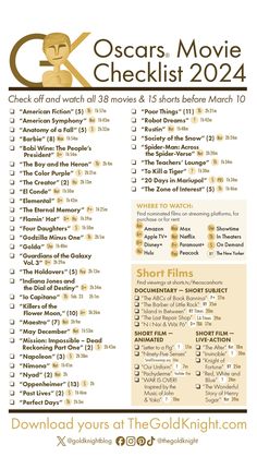 the oscars movie checklist is shown in gold and white, with an orange background