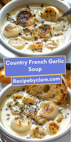 two bowls of french garlic soup with bread on the side and text overlay reading country french garlic soup recipe