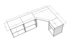 a drawing of an office desk with two shelves and one shelf on the side,