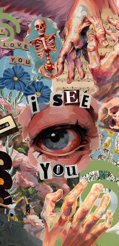 a collage of images with words and pictures on them that say i see you