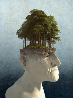 a man's head with trees growing out of the top and bottom of it