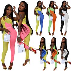 Sexy One Shoulder Sleeveless Color Block Patchwork Elasticity Bodycon Women One Piece Jumpsuit Multicolor Stretch Sleeveless Bodysuit, Multicolor Sleeveless Stretch Bodysuit, Multicolor Patchwork Sleeveless Jumpsuits And Rompers, Green Sleeveless Bodysuit For Club, Multicolor Sleeveless Color Block Bodysuit, Jumper Suit, One Piece Jumpsuit, Rompers Womens Jumpsuit, Womens Jumpsuits