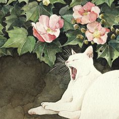 a painting of a white cat yawning in front of pink and green flowers