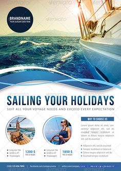 a blue and white flyer for sailing holidays