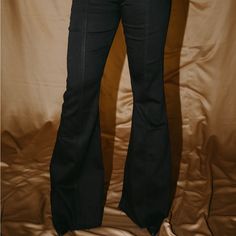 Brand New Black Stretch Denim Flare Jeans, Black High Waist Flare Jeans For Work, Black High-rise Flare Jeans For Work, High Rise Black Flare Jeans For Workwear, Chic Black Denim Pants, Black Non-stretch Mid-rise Flare Jeans, Stretch Black Cotton Flare Jeans, Black Stretch Cotton Flare Jeans, Black Stretch Flare Jeans In Cotton