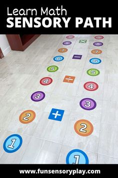 a floor with numbers on it and the words learn math sensory path in front of it