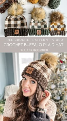 the crochet buffalo plaid hat is shown in different colors and sizes