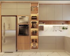 a modern kitchen with stainless steel appliances and wooden shelves on the wall, along with white tile flooring