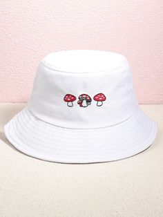 White Casual   Cotton Fruit&Vegetable Bucket Hat Embellished  Spring/Fall Women Accessories Cute Bucket Hats, Preppy Hat, Mushroom Embroidery, Bucket Hat Fashion, Custom Bucket Hats, Hat Aesthetic, Denim Embroidery, Outfits Retro, Chubby Fashion