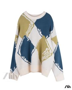 Zlily - Winter Sweets Diamond Check Loose Fit Pullover Sweater for Layering Beige Crew Neck Acrylic Top, Beige Acrylic Crew Neck Top, Oversized White Acrylic Top, Oversized Acrylic Crew Neck Top, Casual Cream Patchwork Sweater, Winter Sweets, Crystal Lattice, Jumper Sweater, Jumpers For Women