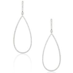 Expertly handcrafted in 18K white gold with delicately set diamonds along an open teardrop shaped dangling section below huggy style hoops. 168 Round Diamonds = 1.25 carats tw G-H Color / VS Clarity Posts & hinged backs Measure 6cm long x 20mm wide Weigh 6.5 grams Currently on Backorder. (Orders Placed today will ship in approximately 3-4 weeks). White Gold Hoop Earrings, White Gold Hoops, Gold Hoops, Gold Hoop, Gold Hoop Earrings, Round Diamonds, Google Images, Silver Necklace, Hoop Earrings