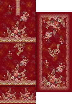 two pictures of red and pink flowers on a red background, one with an ornate border