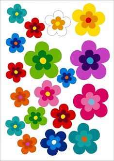 colorful flowers are arranged in different colors and sizes on a white background, with one flower being cut out from the center