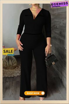 Black Fashion Casual Solid Patchwork Turndown Collar Regular Jumpsuits Casual Black Jumpsuit For Office, Casual Black Jumpsuits And Rompers For Office, Black Stretch Jumpsuits And Rompers For Work, Black Long Sleeve Jumpsuits For Work, Office V-neck Black Jumpsuit, Black Long Sleeve Jumpsuits And Rompers For Work, Black V-neck Jumpsuit For Office, Black V-neck Jumpsuits And Rompers For Office, Black V-neck Jumpsuit