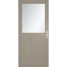 a door with a mirror on the front and side paneled in grey wood, against a white background