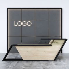 a reception desk with the word logo on it