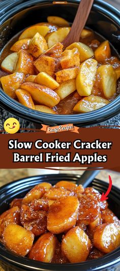 slow cooker cracker barrel fried apples in the crock pot with text overlay that says slow cooker cracker barrel fried apples