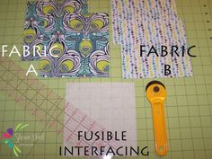 some fabric and scissors are laying on a cutting board with the words fabric a, fabric b