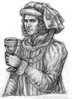 a drawing of a woman holding a cup