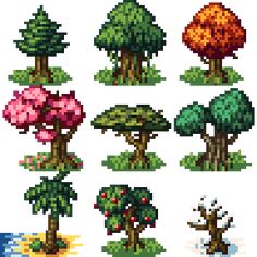 pixel art trees with different colors and shapes