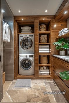 a washer and dryer in a wooden closet