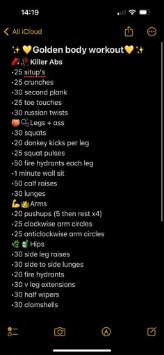 the golden body workout plan is displayed on an iphone screen, with text above it