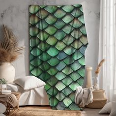 a room with a large green and white wall hanging