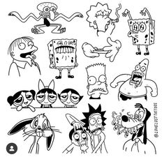 cartoon characters drawn in black and white