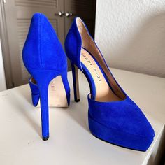 Brand New. Never Worn Blue Almond Toe Heels With Wrapped Heel, Chic Blue Closed Toe Heels, Chic Closed Toe Blue Heels, Formal Blue Platform Heels, Bold Blue Heels For Party, Chic Blue Pointed Toe Heels, Chic Royal Blue High Heels, Blue Red Bottom Heels, Cheap Blue Heels With 4-inch Heel