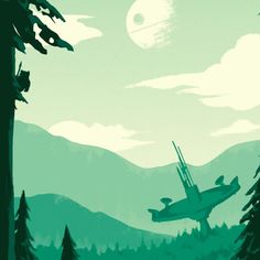 an image of a space ship flying through the air in front of mountains and trees