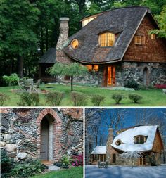 several pictures of different houses in the woods