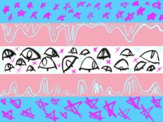 an abstract background with pink, blue and white lines in the shape of fish on top of each other